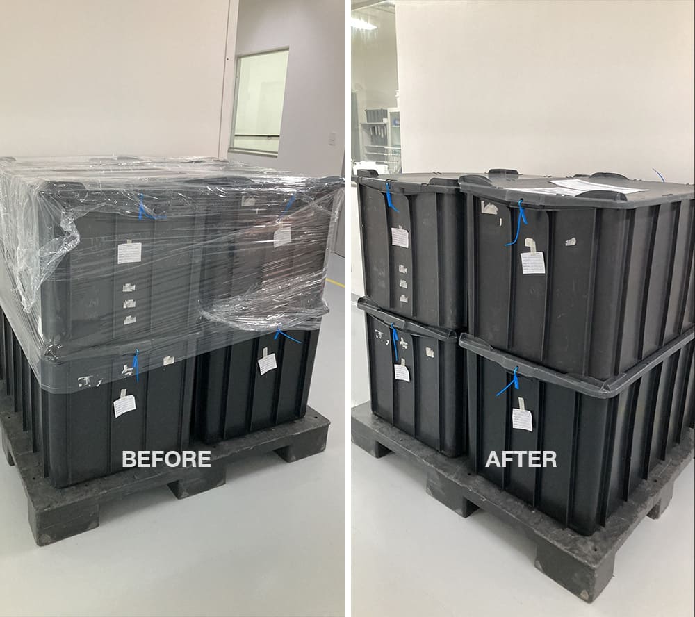 before and after photo of removal of plastic wrap