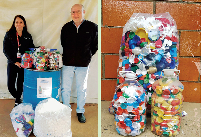 bags of plastic bottle caps collected for recycling
