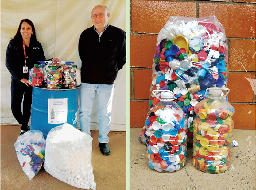 bags of plastic bottle caps collected for recycling